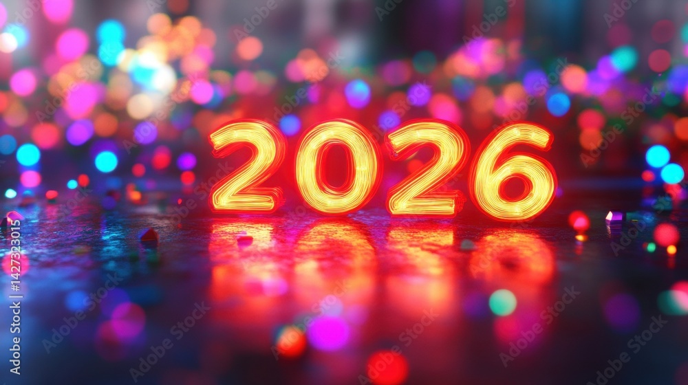 Bright glowing numbers represent the year 2026 amidst a vibrant, festive background of colorful lights and reflections Bright glowing numbers represent the year 2026 amidst a vibrant, festive background of colorful lights and reflections