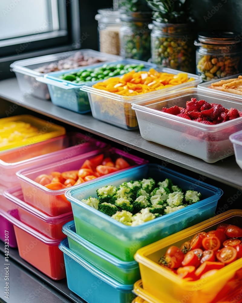 Colorful array of fresh vegetables and fruits in clear storage containers, showcasing vibrant colors and healthy choices. Colorful array of fresh vegetables and fruits in clear storage containers, showcasing vibrant colors and healthy choices.