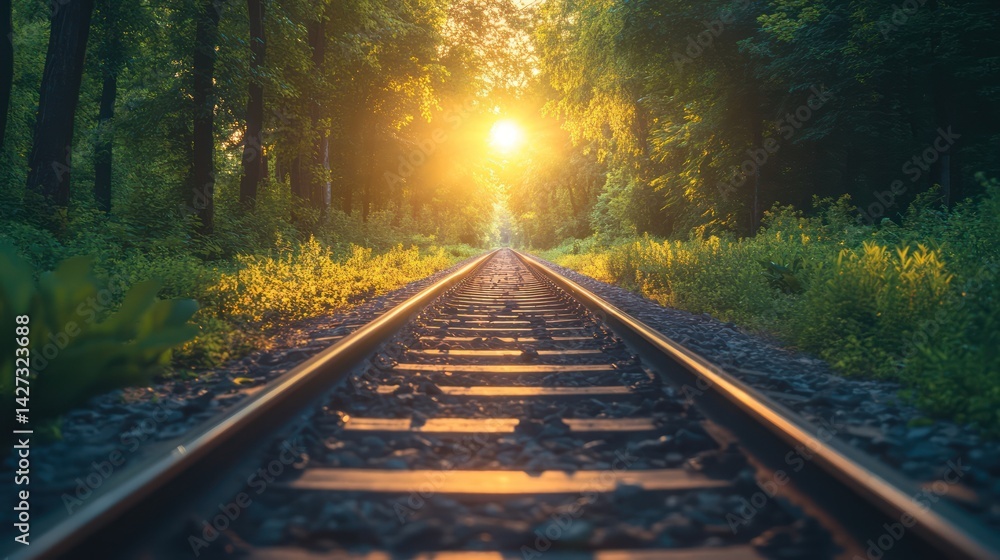 Fototapeta premium Railway track stretches toward the setting sun through dense green woods