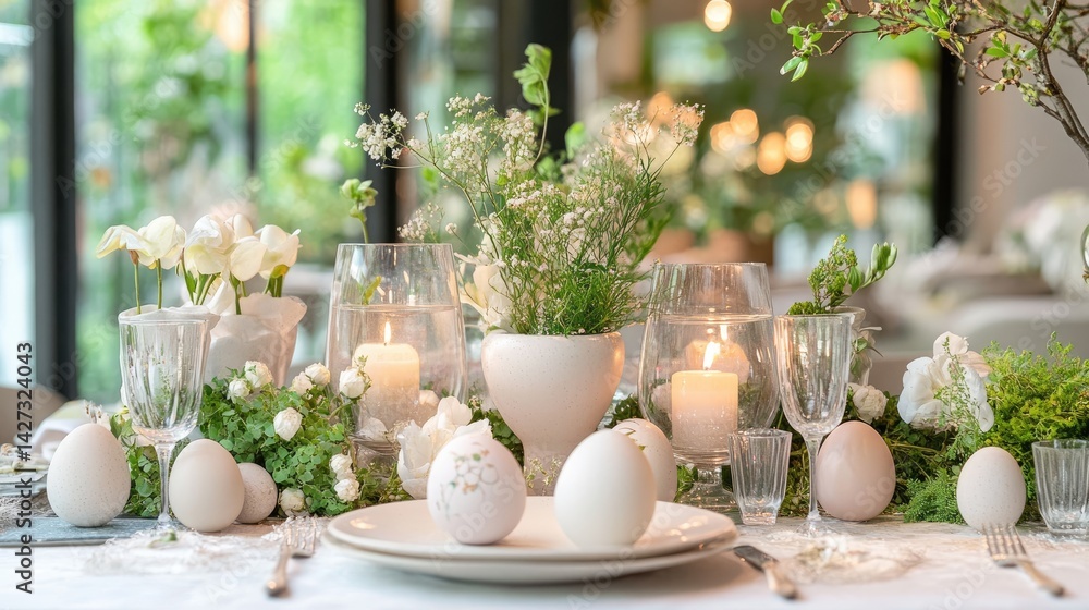 Fototapeta premium Elegant Easter tablescape with ceramic egg holders, candles, and spring greenery