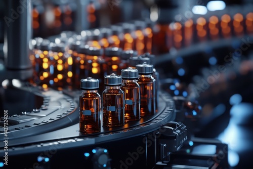 Close-up of glass vials filled with liquid on a production line in a pharmaceutical facility.