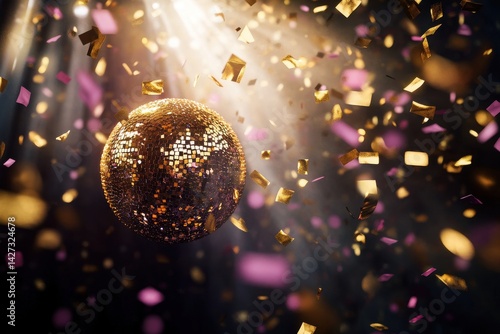 A dazzling disco ball suspended in mid-air, surrounded by shimmering confetti and vibrant light beams.