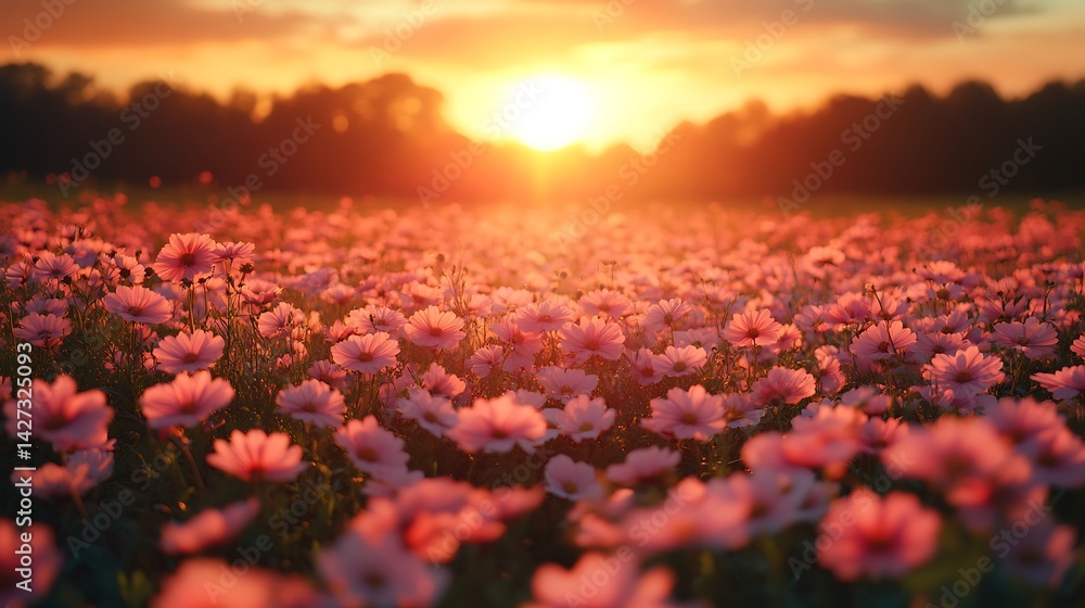 Obraz premium Pink Cosmos Flowers In A Field At Sunset Golden Hour Photo