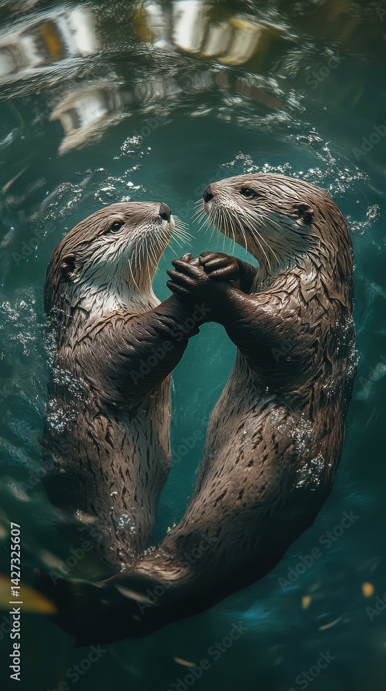 Fototapeta premium Two playful otters engage in a joyful underwater embrace, showcasing their affection in a vibrant aquatic setting.
