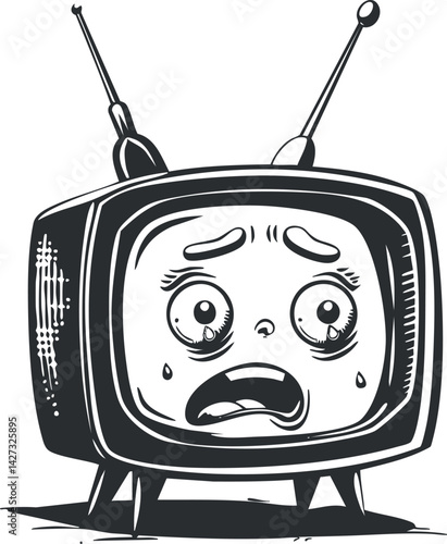 A cartoon-style retro television with a sad expression and tears, showcasing humor and emotion.