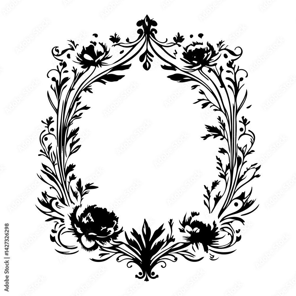 Floral Frame with Roses and Foliage Silhouette Floral Frame with Roses and Foliage Silhouette