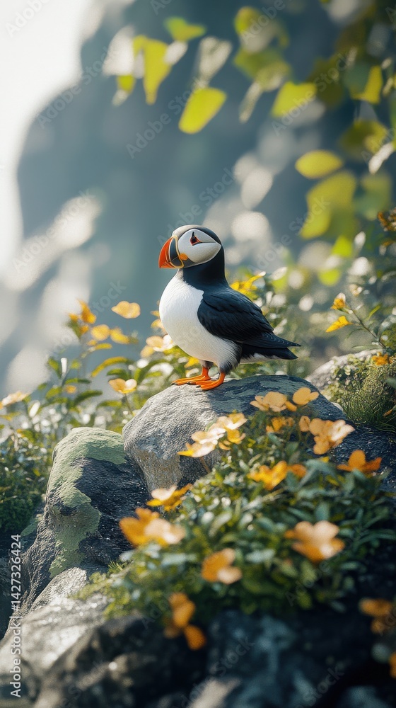 Fototapeta premium An Atlantic puffin perched on a rocky outcrop surrounded by vibrant wildflowers, showcasing nature's beauty.