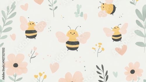 Cute bee pattern with flowers and hearts