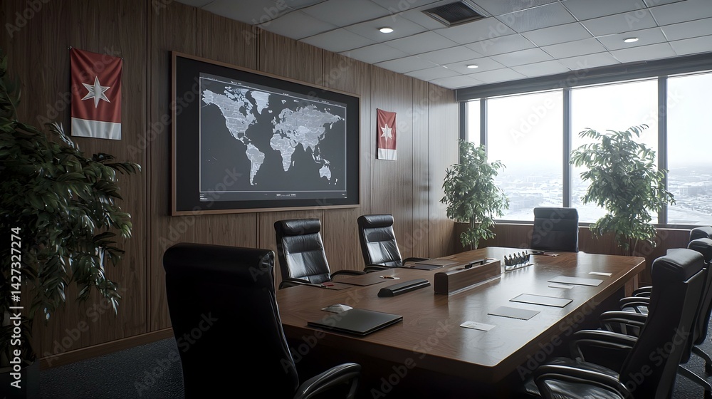 Modern, sleek boardroom with a world map display, large windows showing a city, and plants adding a touch of nature. Perfect for business, corporate, or global concepts. Modern, sleek boardroom with a world map display, large windows showing a city, and plants adding a touch of nature. Perfect for business, corporate, or global concepts.