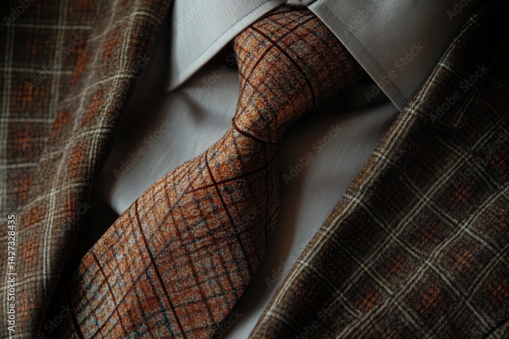 Close-up of a well-dressed man in a stylish brown plaid suit with a coordinating tie. Close-up of a well-dressed man in a stylish brown plaid suit with a coordinating tie.