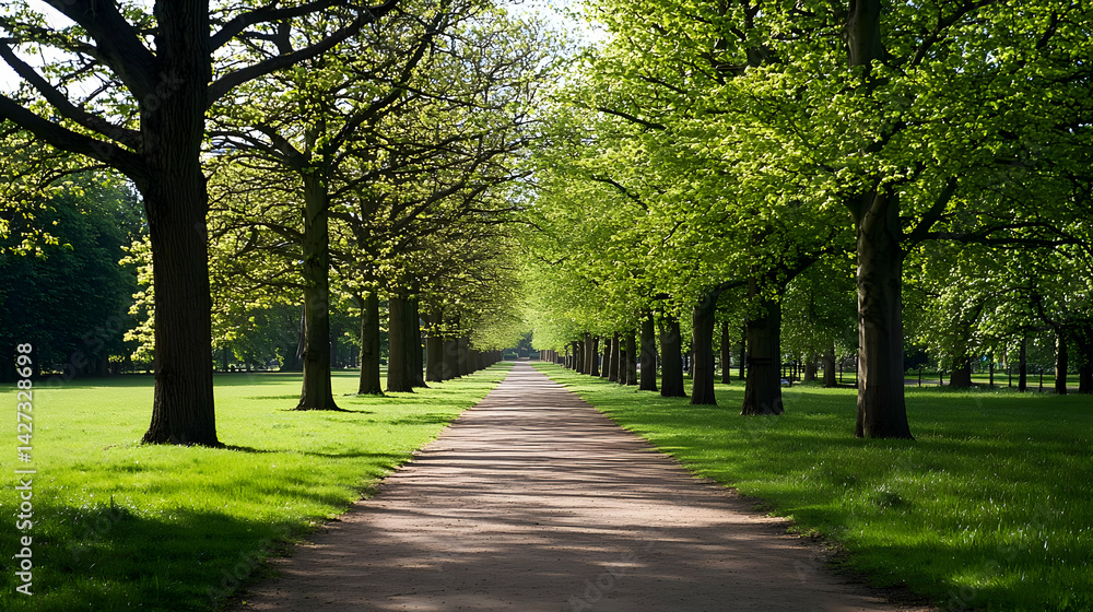 Sunlight Path Through Row Of Trees In Park Sunlight Path Through Row Of Trees In Park