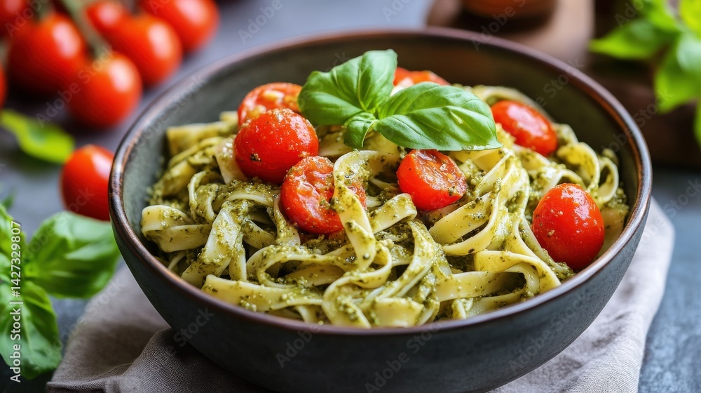 Delicious pasta meal in a bowl with tomatoes and green basil leaves Delicious pasta meal in a bowl with tomatoes and green basil leaves
