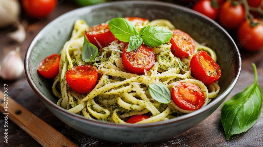 Delicious pasta dish with tomatoes basil and pesto ingredients Delicious pasta dish with tomatoes basil and pesto ingredients