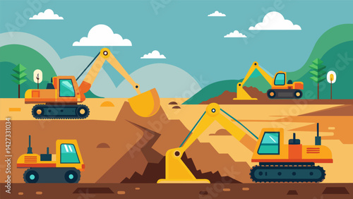 Finally after days of digging the excavators reach the desired depth and a sense of accomplishment and satisfaction fills the site as they make way. Vector illustration