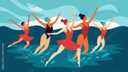 As the music plays the synchronized swimmers glide effortlessly through the water creating a beautiful symphony of motion.. Vector illustration