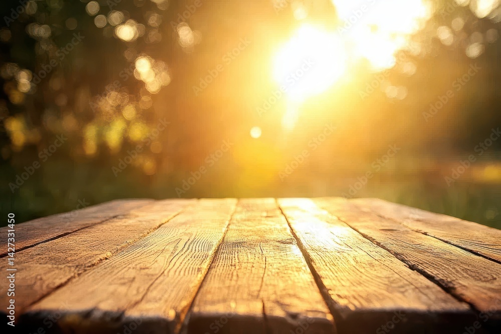 Rustic wooden table outdoors bathed in golden sunlight Rustic wooden table outdoors bathed in golden sunlight