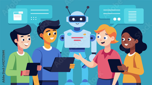A group of young tech enthusiasts discuss the intricacies of a programmable robot highlighting its coding features and problemsolving challenges.. Vector illustration