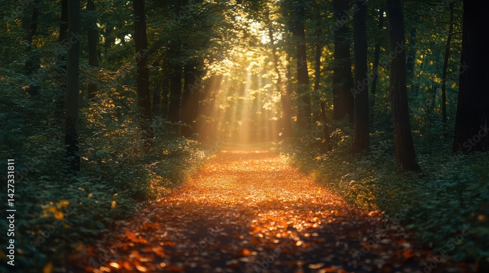 Obraz premium Sunlit path through a tranquil forest in autumn, evoking peace and wonder