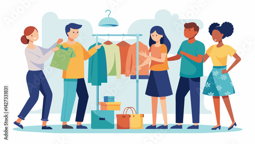 A student organizing a clothing swap with friends to refresh their wardrobe without spending money.. Vector illustration