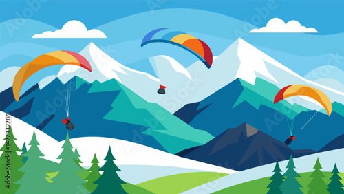Amidst the striking contrast of white snow and lush greenery paragliders zipping through the air like colorful birds against the breathtaking backdrop. Vector illustration