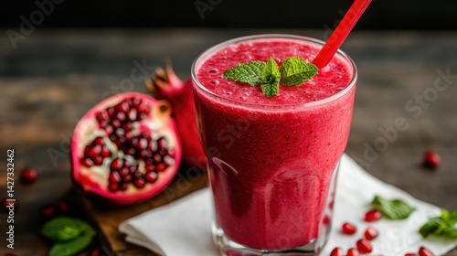 Vibrant pomegranate smoothie in a glass, garnished with mint, alongside a halved pomegranate and scattered seeds on a textured surface