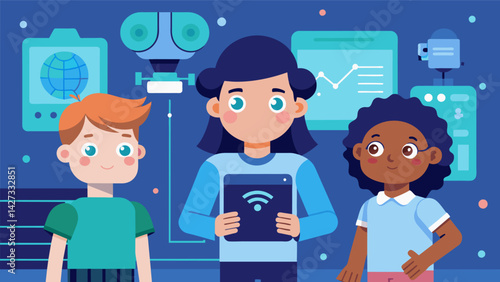 Children as young as 10 confidently shared their knowledge of artificial intelligence as they guided their peers through the impressive displays of a. Vector illustration