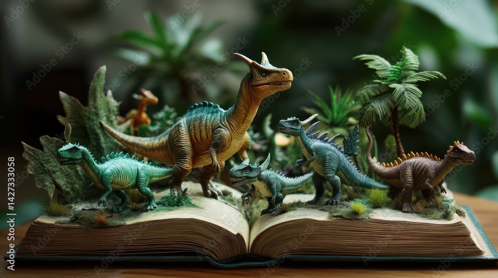 Fototapeta premium Open book depicting a miniature prehistoric world filled with dinosaur figures