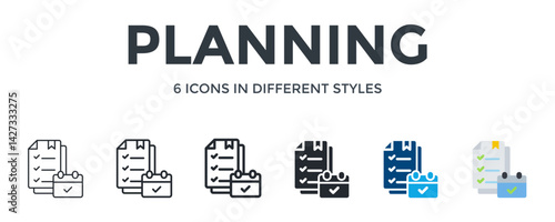 Planning Icon In Different Style Vector Illustration. Designed In Thin Line, Regular Line, Bold Line, Glyph, Color Fill, And Flat Style Can Be Used For Web
