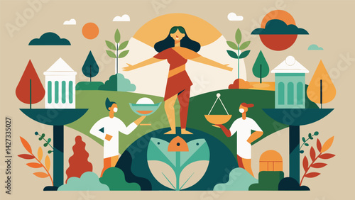 A mixed media piece featuring elements of nature and human figures to represent the harmony and balance of the Stoic virtues.. Vector illustration