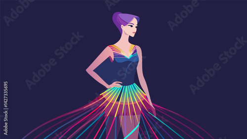 A young model steals the show in a dress made of fiber optic threads that light up in rainbow colors.. Vector illustration