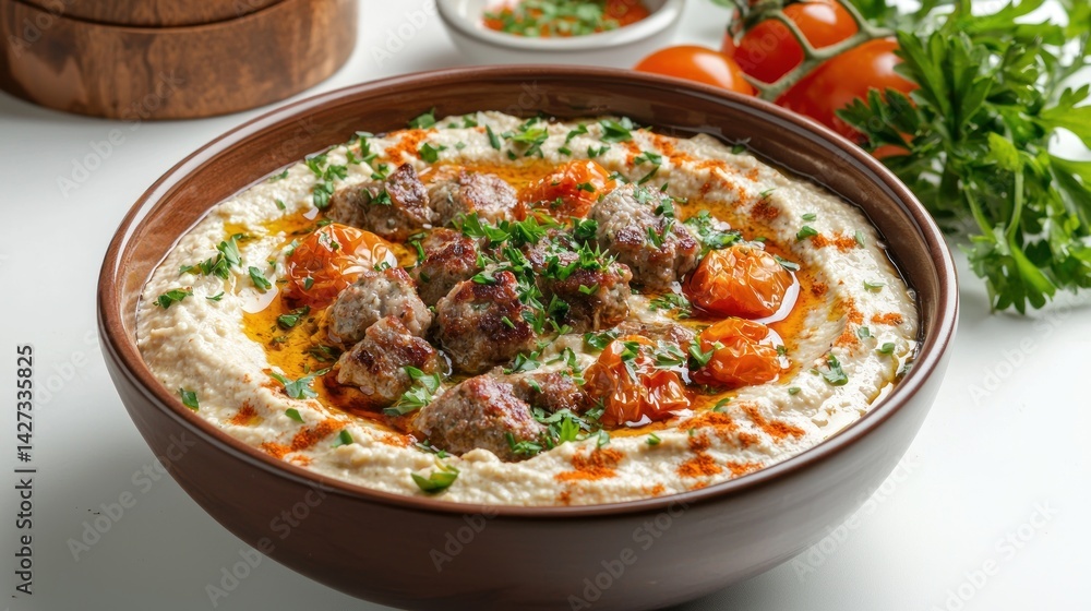 hummus with lamb kofta, roasted cherry tomatoes, and fresh parsley garnish hummus with lamb kofta, roasted cherry tomatoes, and fresh parsley garnish