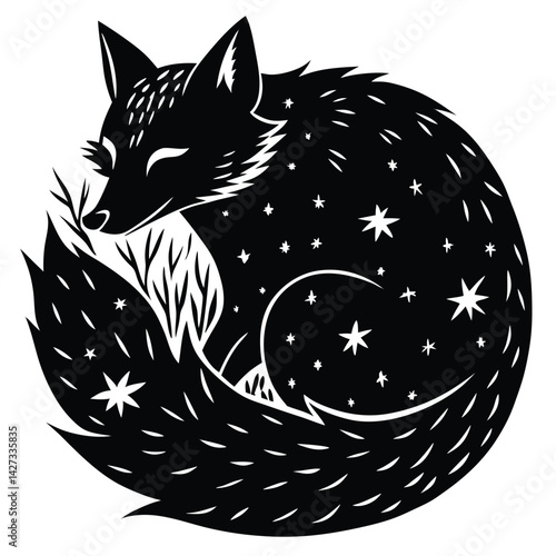 Black and White Fox Illustration: Curled Up Sleeping Fox with Starry Pattern, Stylized Animal Art, Nature-Inspired Design, Whimsical Artwork