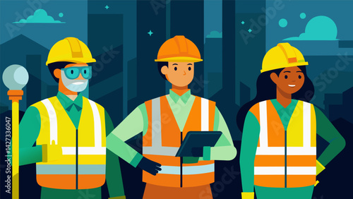 The workers are dressed in bright safety gear their reflective vests and hard hats adding to the illuminating scene.. Vector illustration