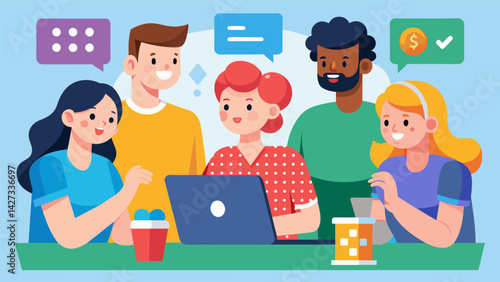 A group of friends gather around a coding board game giving their honest opinions on its entertainment value and educational benefits.. Vector illustration