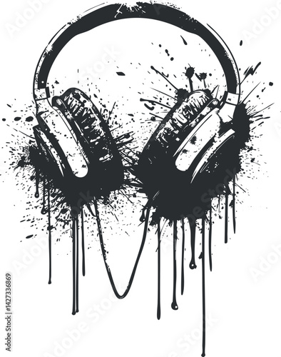 Stylized illustration of headphones with artistic splashes and drips conveying a vibrant music culture.