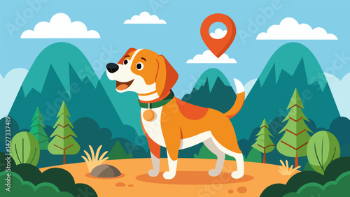 A friendly beagle adorned with a cheerful orange GPS tracker happily greets other pets on a hiking trail its owner always able to pinpoint its. Vector illustration