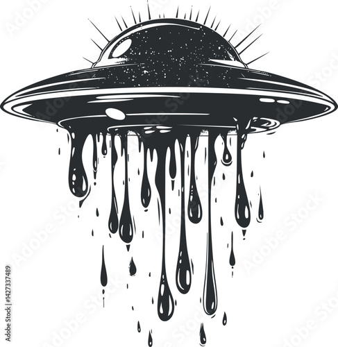 A black and white illustration of a dripping UFO with a mysterious and futuristic design.
