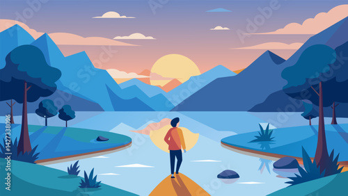 A morning walk along a quiet river where a person takes time to reflect and find inner peace in the stillness of the water.. Vector illustration