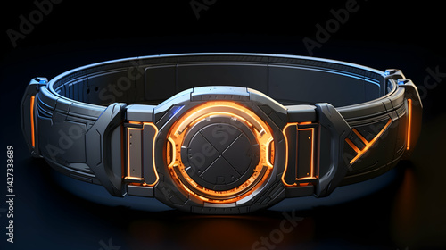 A futuristic power belt glows with an inner orange light, promising untold power and adventure in a dark, mysterious setting.
