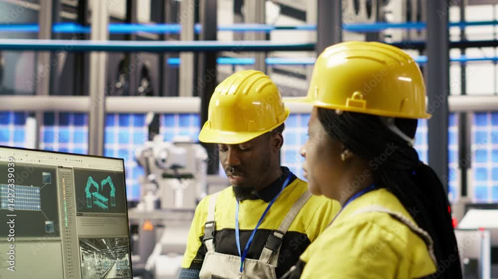 Manager supervising technician in industrial plant using PC software to diagnose malfunctions. Factory team leader working with coworker to coordinate repair tasks on assembly lines, camera B Manager supervising technician in industrial plant using PC software to diagnose malfunctions. Factory team leader working with coworker to coordinate repair tasks on assembly lines, camera B