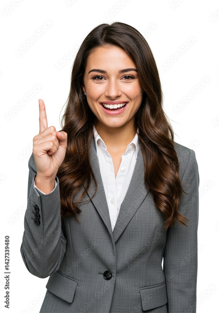 Beautiful woman standing straight pointing her hand up because she got an inspiring idea to solve a business problem Beautiful woman standing straight pointing her hand up because she got an inspiring idea to solve a business problem