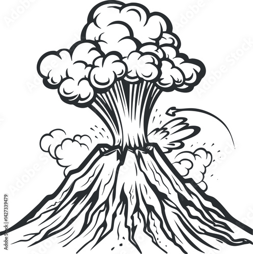 A stylized illustration of a volcanic eruption with clouds of smoke and ash.