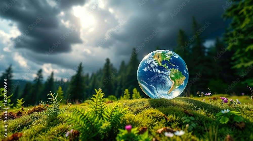 Naklejka premium glass-like Earth globe resting delicately on a bed of vibrant green ferns in a sun-dappled forest.