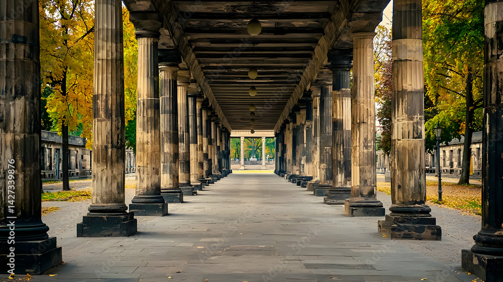 Obraz premium Ancient Columns Archway in Park Autumn Colors