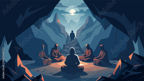 In a dimly lit chamber carved into the side of a mountain a gathering of stoic sages contemplate the concept of inner peace amidst the chaos of the. Vector illustration