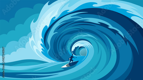 A massive wave curls over creating a tunnel of water as a surfer disappears into its depths a testament to their bravery and skill.. Vector illustration