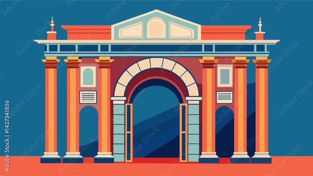 Obraz premium The grand archway at the entrance of the building is supported by ornately decorated Corinthian columns showcasing architectural sophistication.. Vector illustration