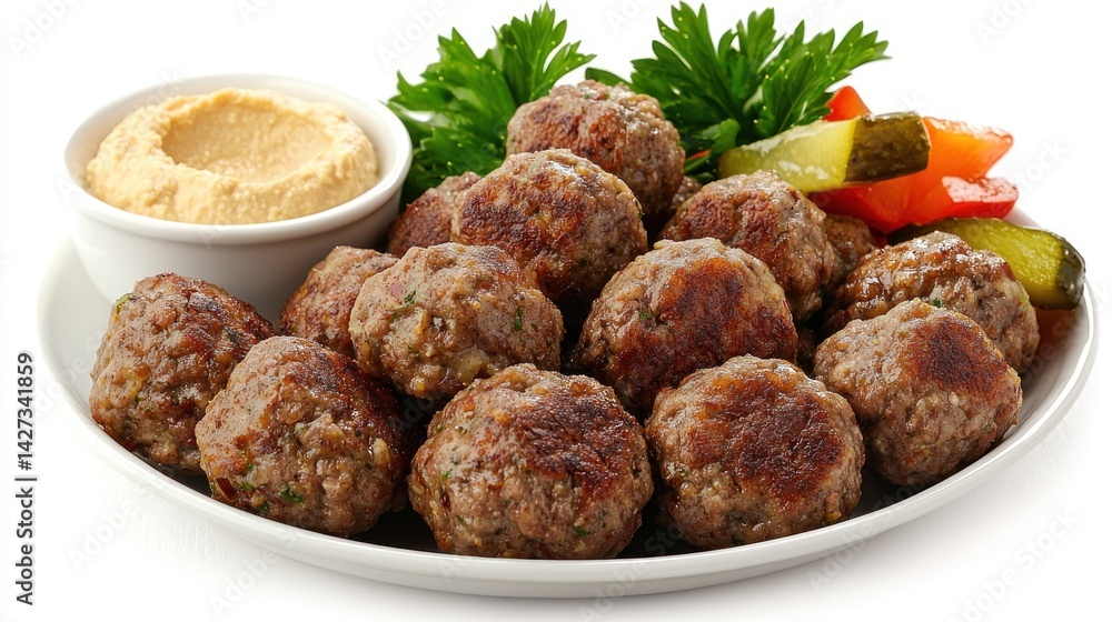 A Serving of Mini lamb kofta served elegantly on a swirl of roasted garlic hummus A Serving of Mini lamb kofta served elegantly on a swirl of roasted garlic hummus