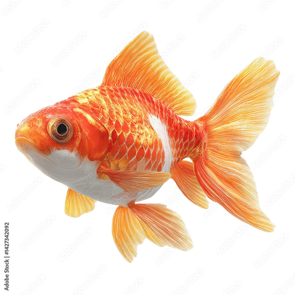 Vibrant Orange Goldfish with White Underbelly Isolated on Green Background Vibrant Orange Goldfish with White Underbelly Isolated on Green Background
