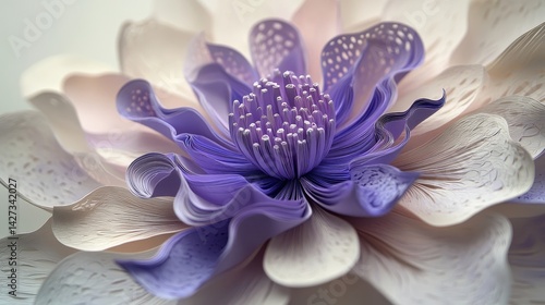 Intricate floral bloom with a vibrant purple center and textured, pale petals. A captivating, detailed botanical illustration